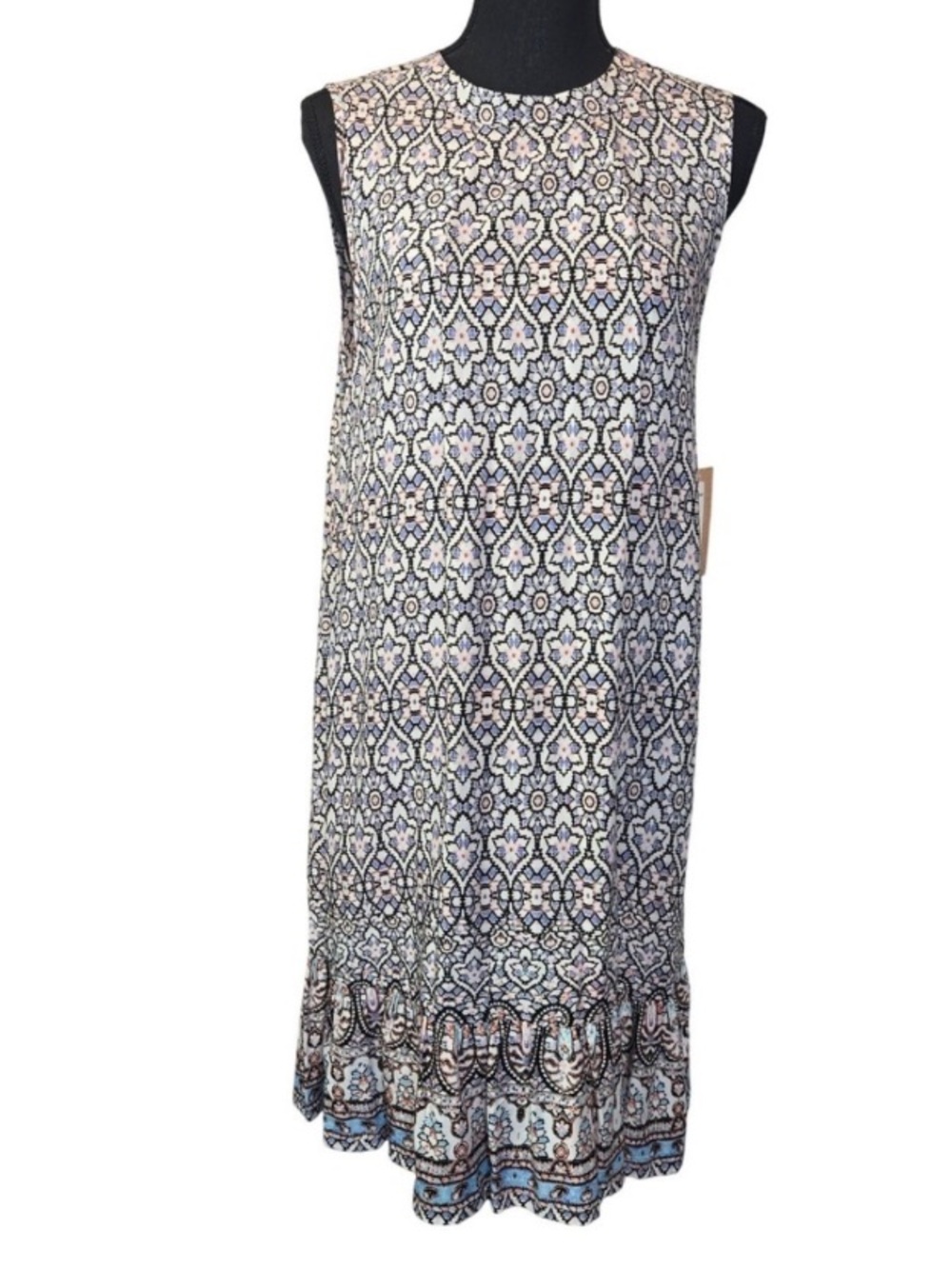 Sleeveless Printed Midi Dress in White and Blue
